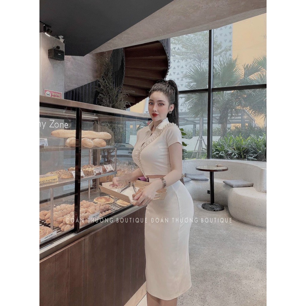 Sét bộ áo croptop cổ bẻ phối chân váy thun body dài cực xinh , chất thun bozip dày dặn co giãn