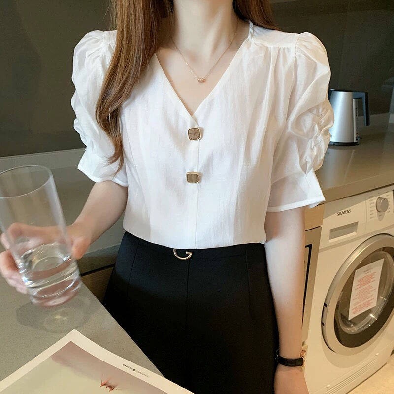 Áo Kiểu Tay Phồng Cổ Chữ V Màu Tím Phong Cách Hàn Quốc Đơn Giản Thời Trang Mùa Hè Dành Cho Nữ Mới