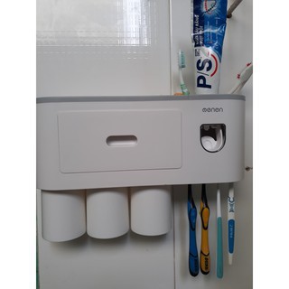 Khay đựng cốc và bán chải đánh răng có nhả kem tự động kệ dán tường phụ kiện nhà tắm thông minh mẫu mới