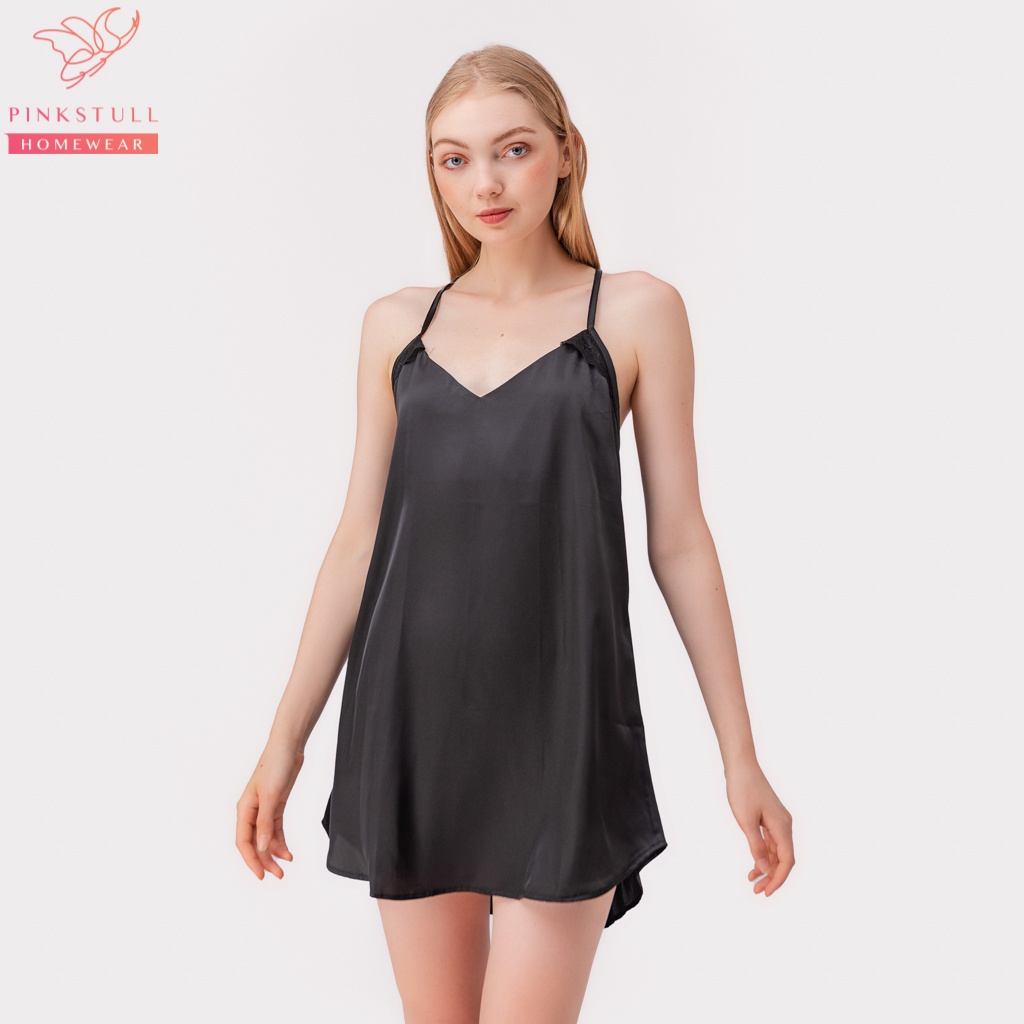 Váy ngủ lụa hai dây Pink Stull ren lưng màu đen