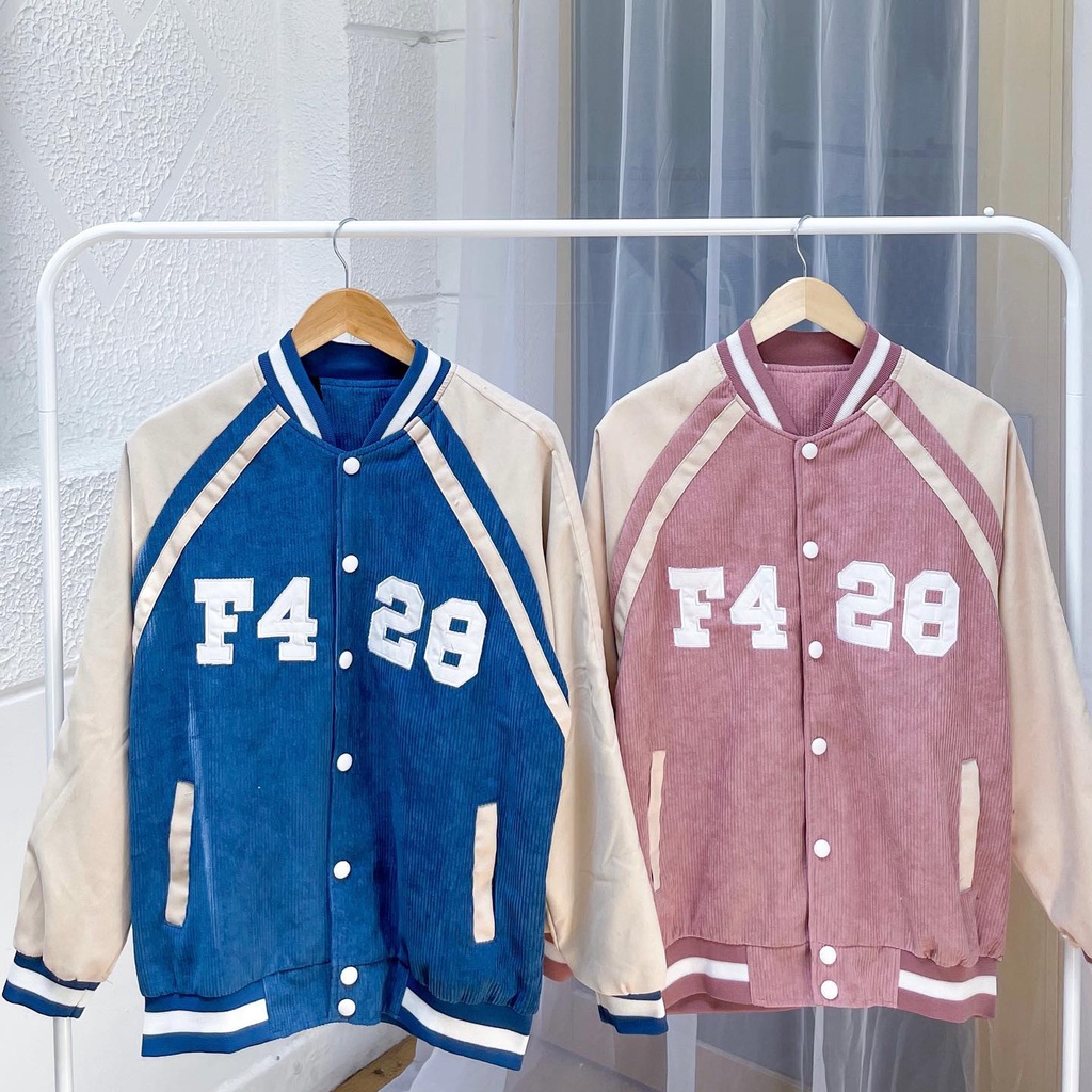 Áo Khoác Bomber F428 nhung gân 2 lớp màu ĐEN/XANH/NÂU/HỒNG✨chữ thêu tay phối 🧸