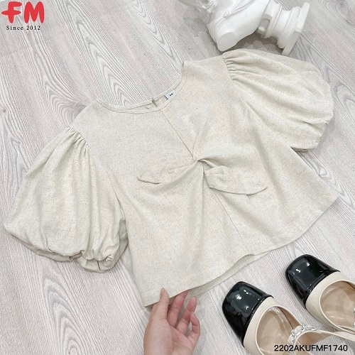 Áo croptop nữ FM Style tay phồng thắt  eo cách điệu chất vải thô đứng form thời trang 220217409