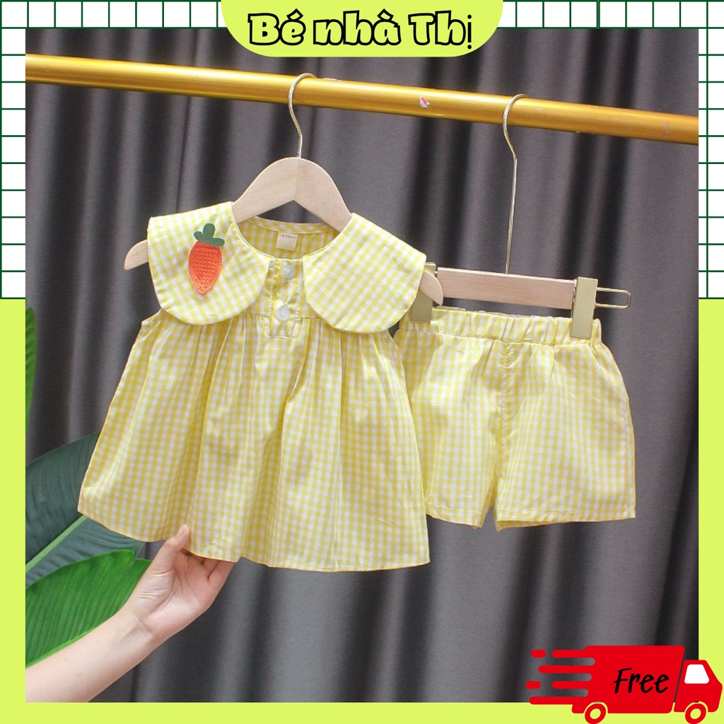 Bộ quần áo cộc bé gái kẻ caro thêu hình trái cây cotton mềm mát BC01 - BÉ NHÀ THỊ