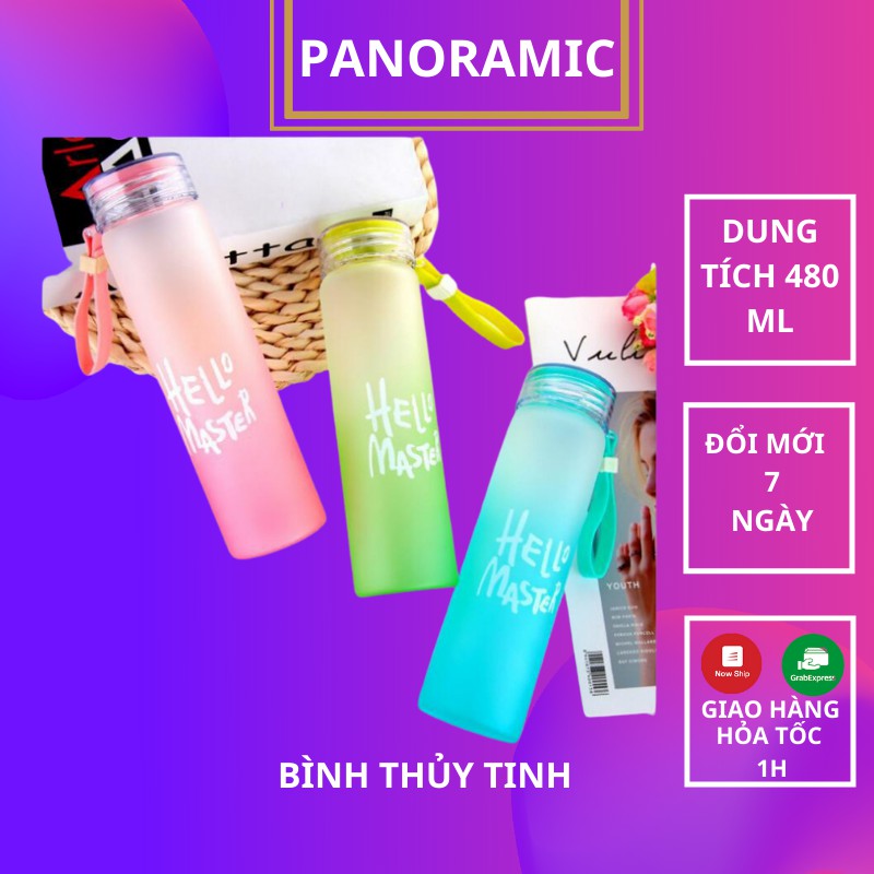 Bình Thủy Tinh Hello Master, Bình nước thủy tinh 450ml - 4 Màu