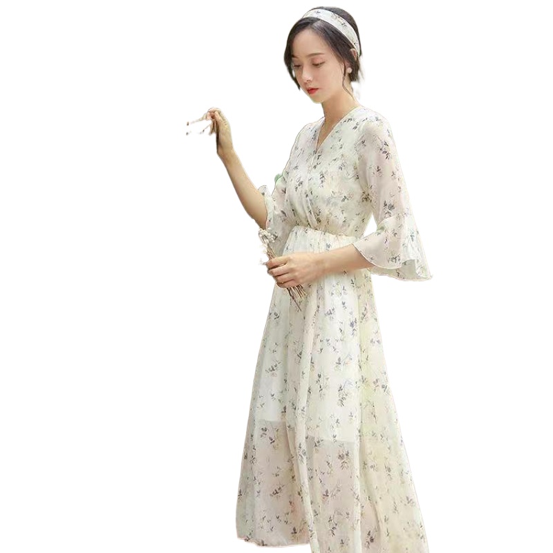 Đầm PERTY tay loe cổ chữ V họa tiết hoa xinh xắn thời trang mùa hè dành cho nữ