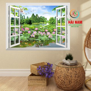 Tranh dán tường 3D cửa sổ vải lụa kim tuyến trang trí phòng khách đẹp
