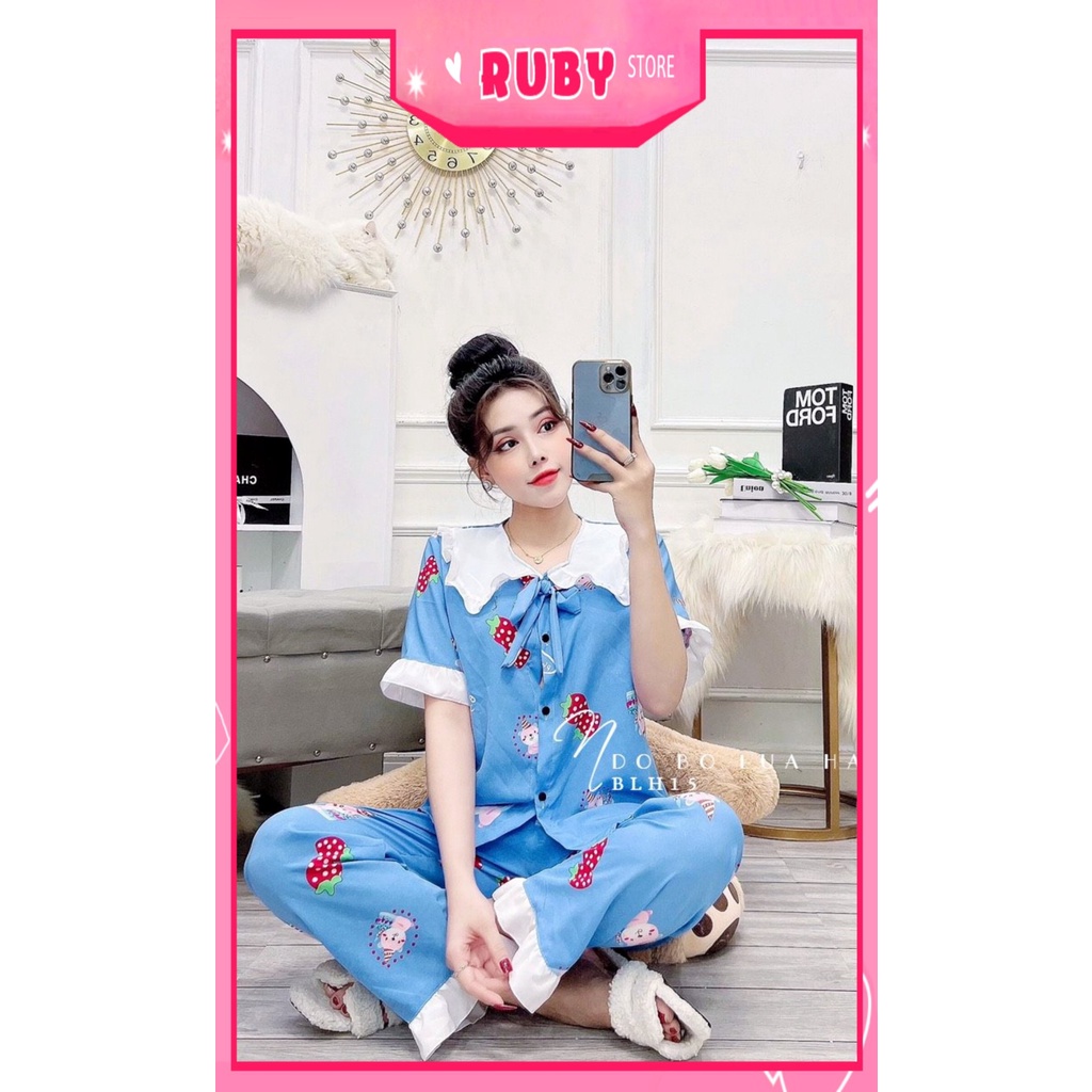 Đồ bộ tiểu thư cho nữ mặc nhà chất kate lụa mềm mát in hình trái dâu hoạt hình dễ thương BLH15