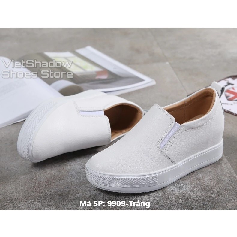 Slip on da nữ độn đế - Giày lười da nữ đế xuồng - Chất liệu da bò màu (trắng) và (đen) - Mã SP: 9909/9910