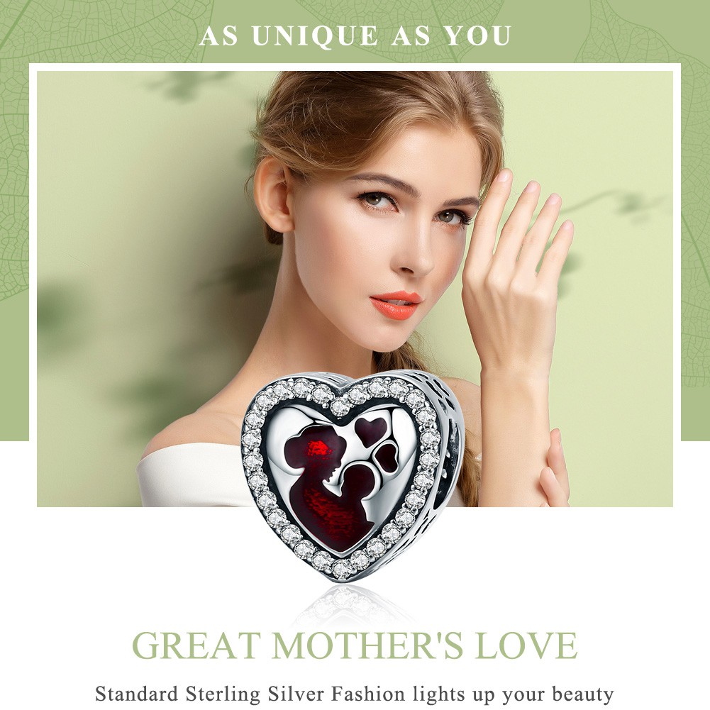 Hạt phụ kiện BAMOER PA5334 hình trái tim họa tiết tình yêu của mẹ dùng làm dây chuyền/vòng tay/trang sức thủ công