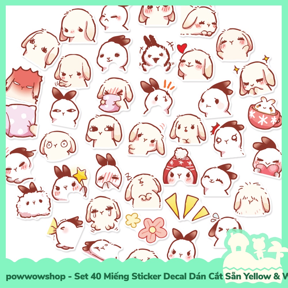 [Sẵn VN - Hỏa Tốc] Set 40 Miếng Sticker Decal Cắt Sẵn DIY Dán Trang Trí Vật Dụng Mẫu Yellow &amp; White Rabbit Cute Momment