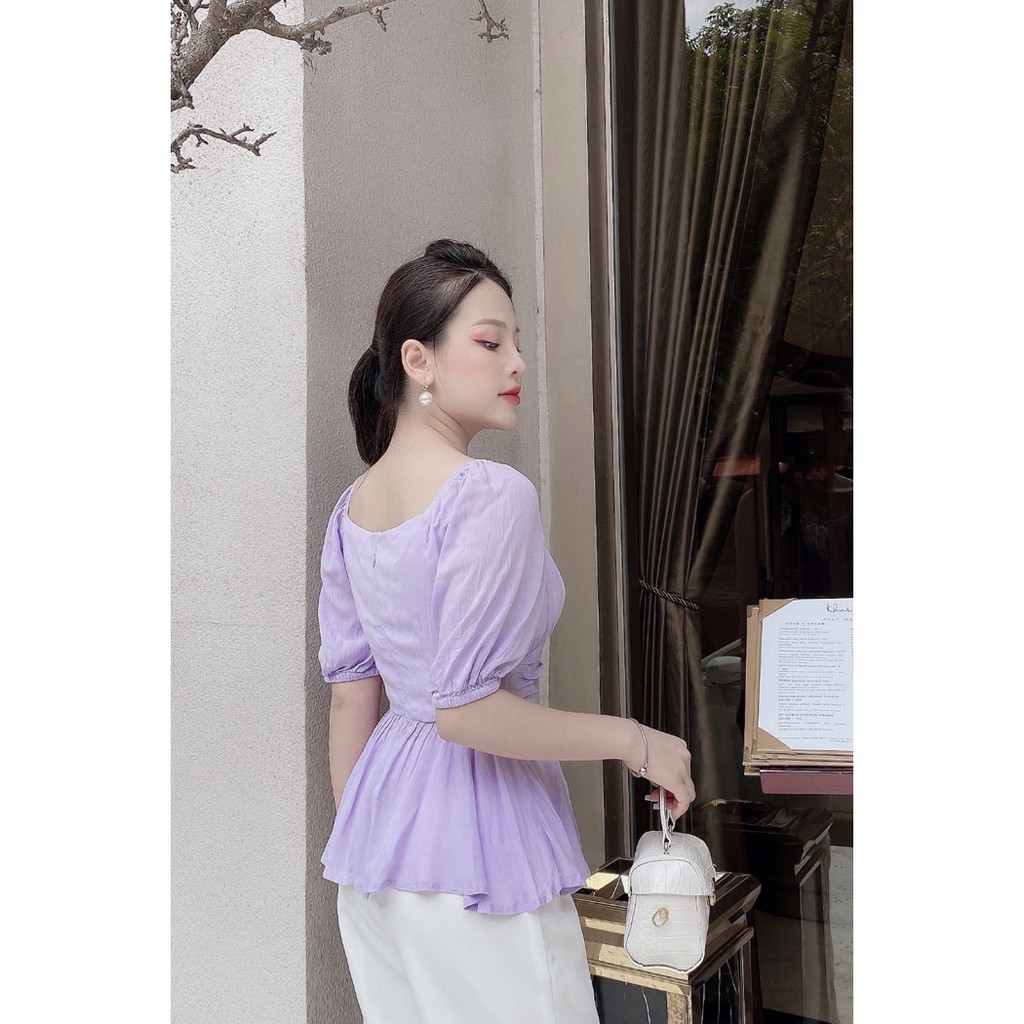 Áo sơ mi nữ ngắn tay cổ vuông nhún eo ASW0542 - 92WEAR | BigBuy360 - bigbuy360.vn