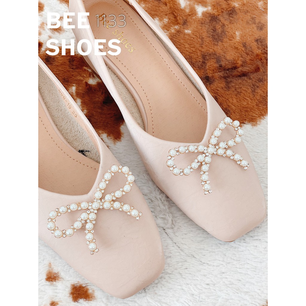 BEESHOES - GIÀY BÚP BÊ NỮ MŨI VUÔNG HỌC TIẾT NƠ - GIÀY BÚP BÊ NỮ ĐẾ VUÔNG CAO 3 PHÂN SẴN MÀU ĐEN - KEM - HỒNG ĐẤT 201133