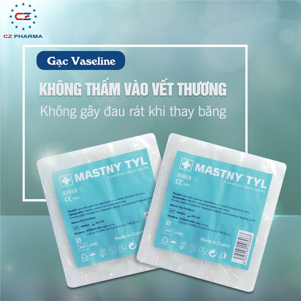 Gạc vaselin MASTNY – Băng vết thương, vết loét, bỏng, chống dính khi thay băng [Hàng Séc]