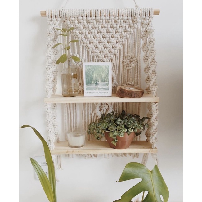 Kệ gỗ treo  2 tầng treo tươngf kết hợp macrame trang trí nhà cửa.  kích thước: 40x70x15cm