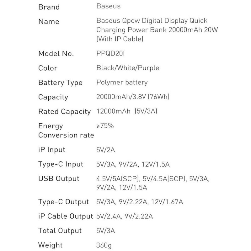 Pin sạc dự phòng tích hợp cáp sạc 20.000mAh 20W Baseus Q Pow Digital Display Quick Charging Power Bank