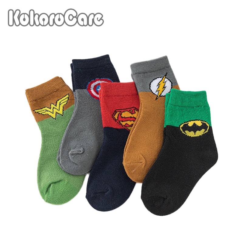 Bộ 5 đôi vớ KOKOROCARE MH-04 cotton họa tiết siêu nhân hoạt hình thể thao size M/ L/XL dành cho bé 3-12 tuổi
