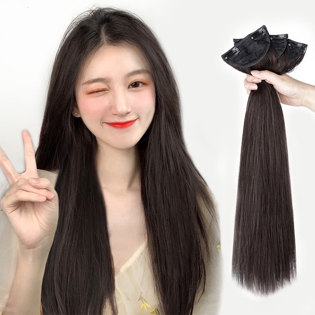 Bộ Tóc Giả Dài Thẳng / Xoăn Gợn Sóng Màu Đen / Nâu Bằng Sợi Tổng Hợp Kèm Kẹp Tóc