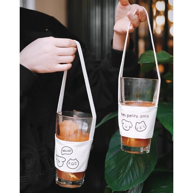 Túi vải đựng cốc nước giải khát tiện dụng túi tote bông phong cách xách tay trà sữa cà phê