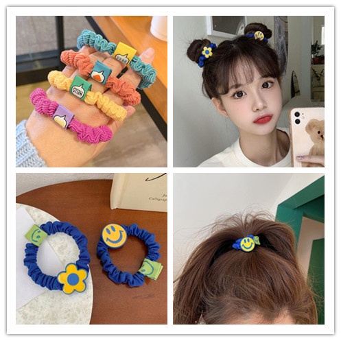 Dây Buộc Tóc Co Giãn Họa Tiết Bông Hoa Mặt Cười Màu Sắc Ngọt Ngào Phong Cách Hàn Quốc Cho Nữ