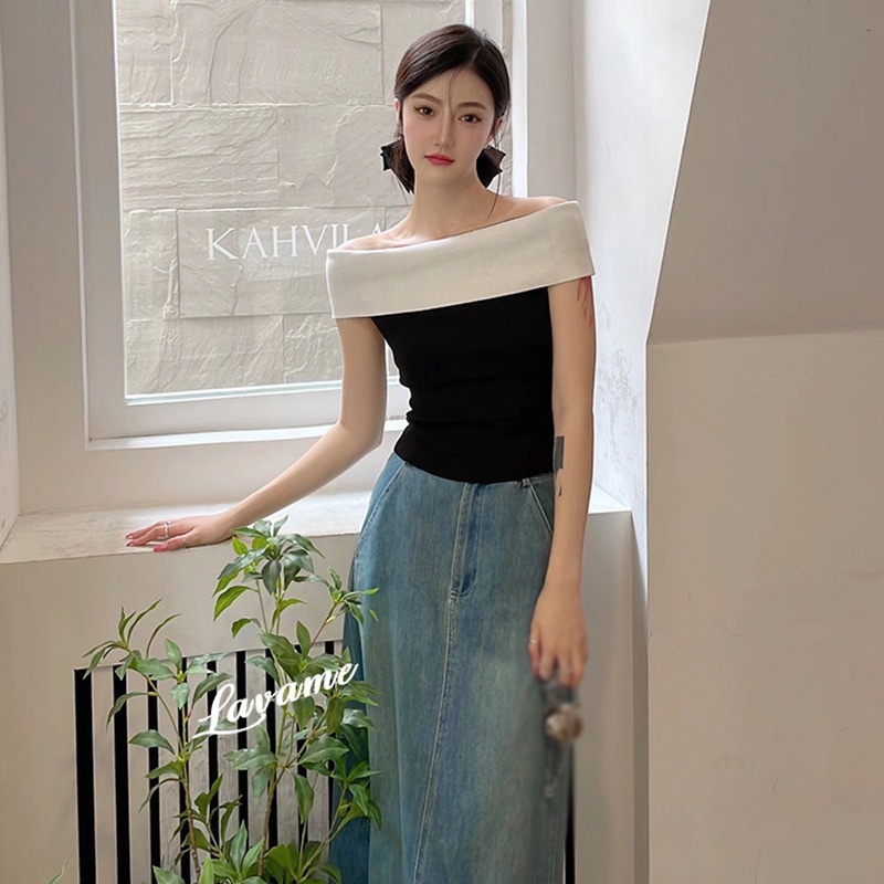 Áo Croptop Dệt Kim Trễ Vai Tay Ngắn Dáng Ôm Kẻ Sọc Màu Tương Phản Kiểu Retro Thời Trang Cho Nữ