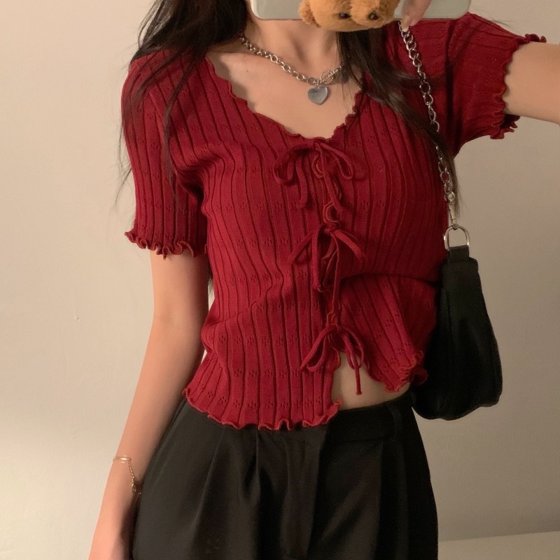 Áo len hè dây nơ vải len tăm phong cách ulzzang teen hàn quốc tôn body hot trend tiktok năng động