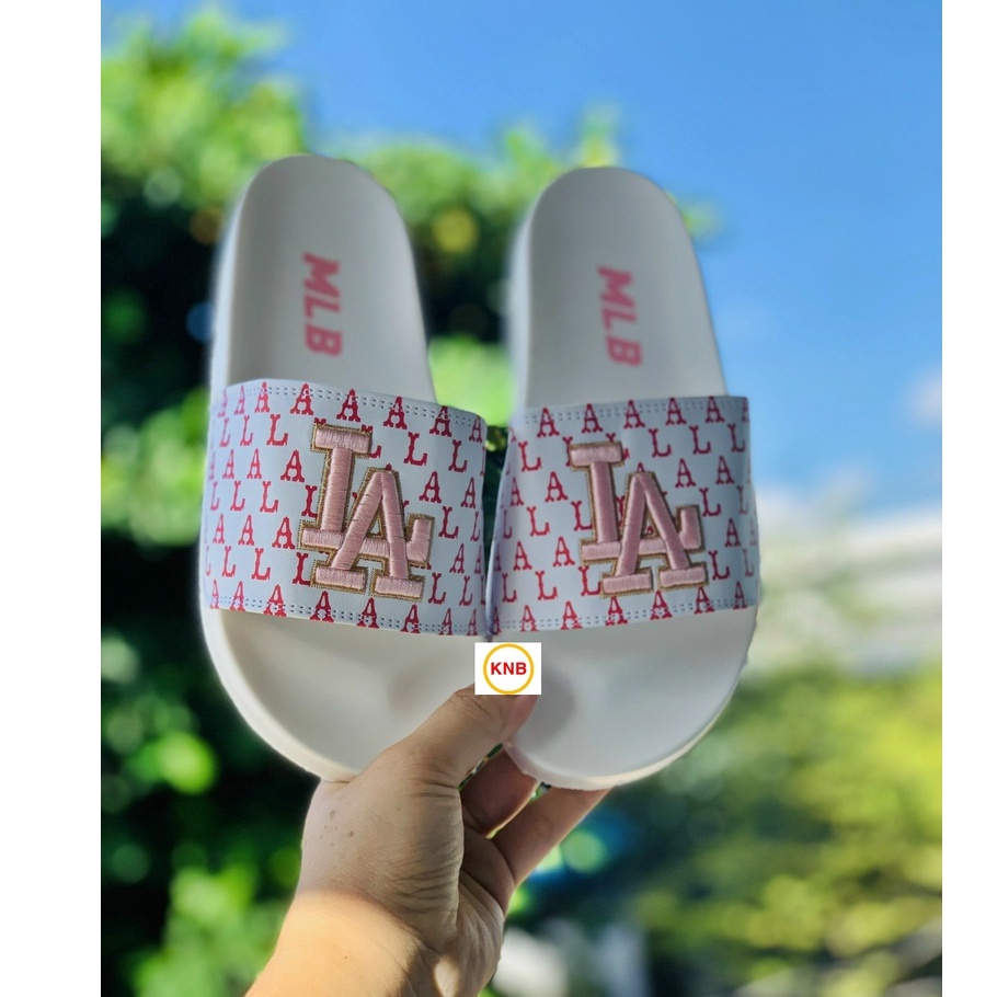 Dép 𝐌𝐋𝐁 UNISEX mẫu dép thể thao ❤️Freeship + Hộp ❤️ Dép LA bóng chày quai ngang nam nữ chữ thêu nỗi kèm tag mác - hồng