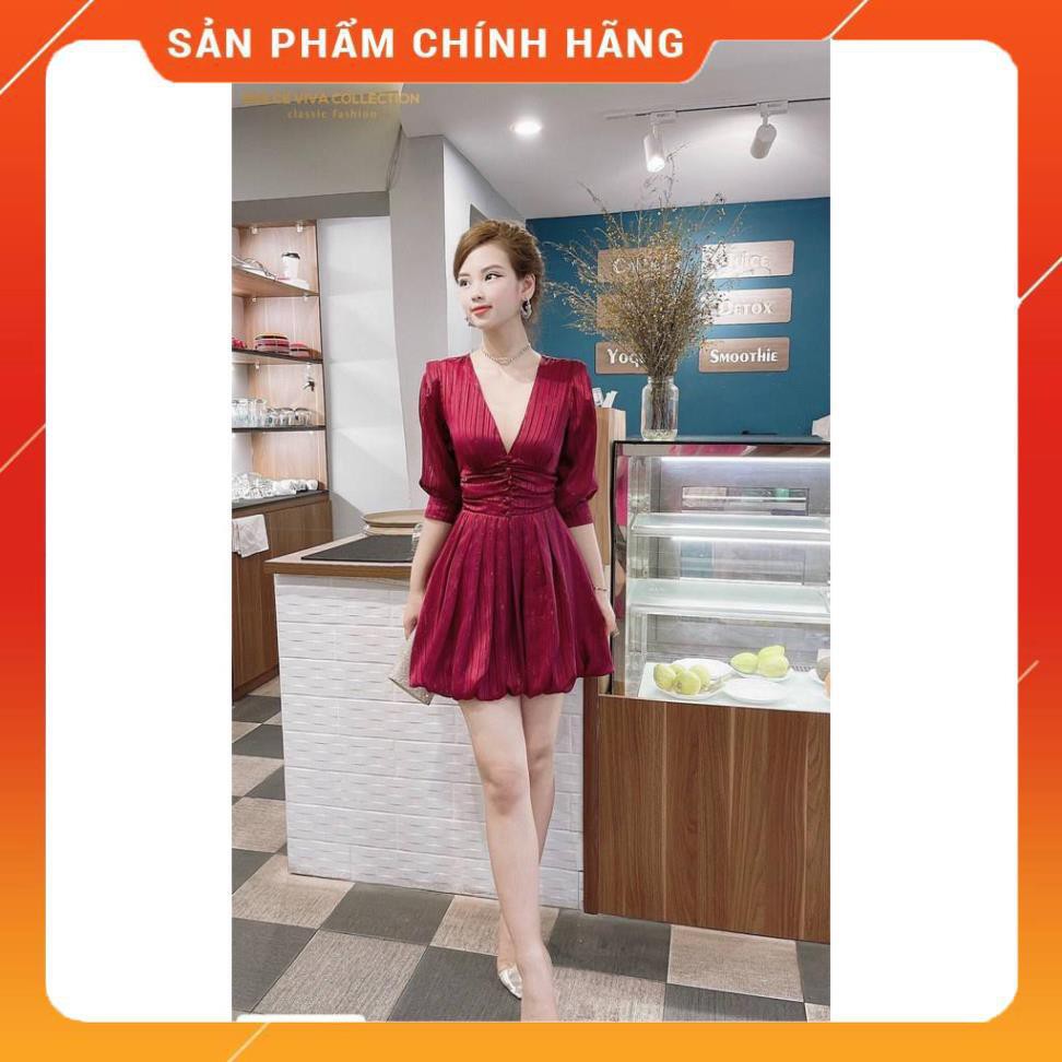 Váy xòe nhún eo, lụa Nhật cao cấp, sang trọng ❤️ Freeship ❤️ thiết kế cổ V khoét sâu với hàng cúc tôn vòng 1 gợi cảm