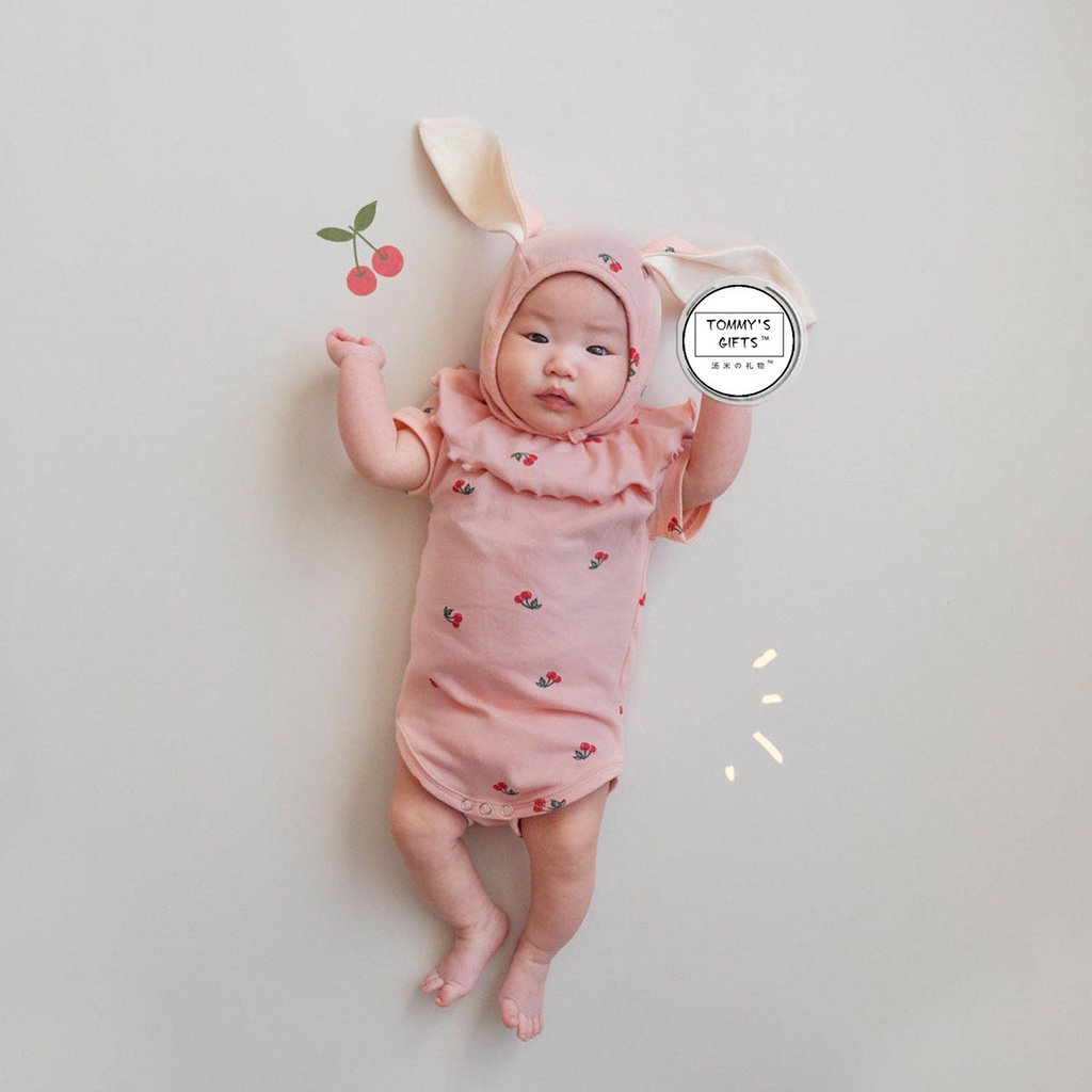 Bộ Áo Liền Quần Tay Ngắn In Hình Thỏ + 1 Nón Cho Bé Gái Sơ Sinh