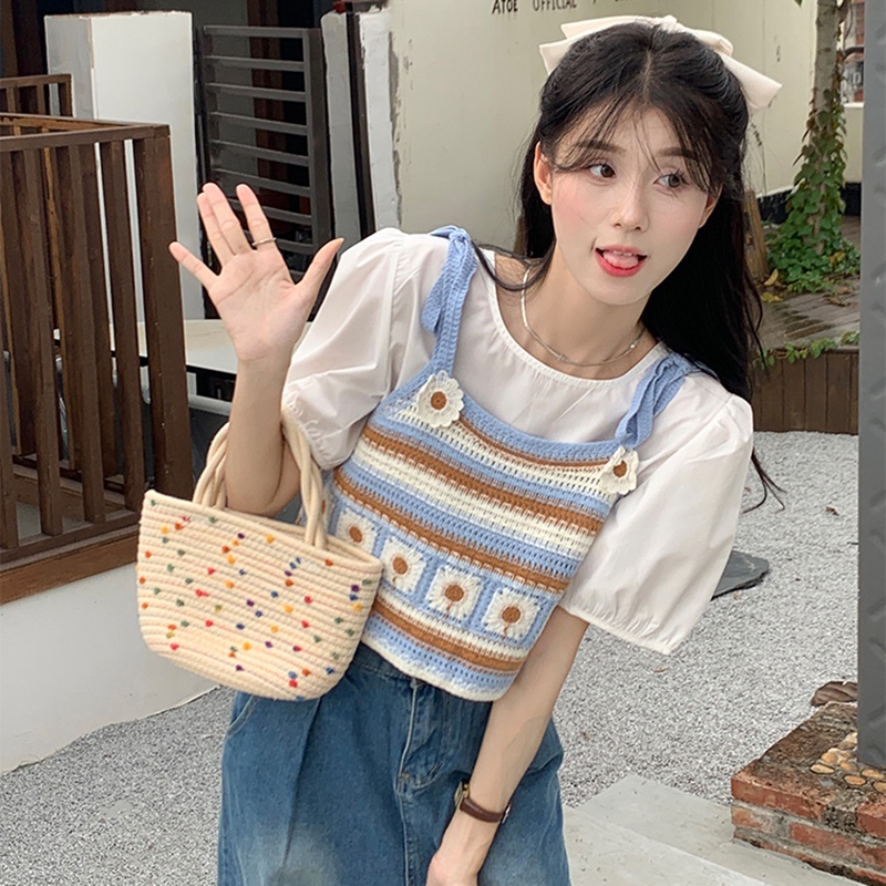 Áo Croptop Dệt Kim Không Tay In Hoa Cúc Màu Sắc Tương Phản Thời Trang Mùa Hè Cho Nữ