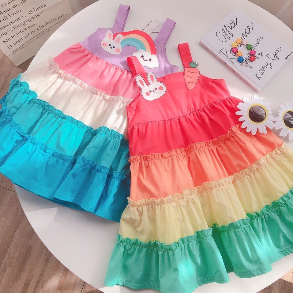 Đầm Xòe Không Tay Họa Tiết Cầu Vồng Dễ Thương Cho Bé Gái
