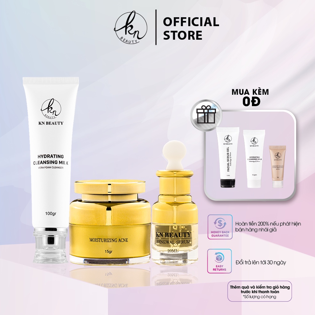 3 sản phẩm Trắng Da Ngừa mụn KN Beauty chuyên sâu: Kem dưỡng + Serum + Sữa rửa mặt 100g tặng set mini