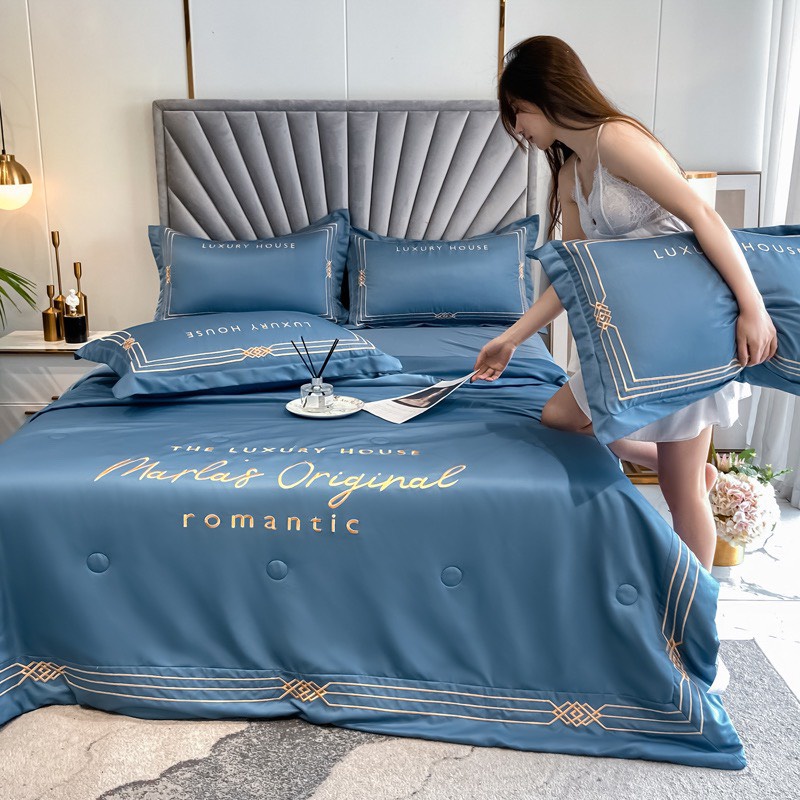 Bộ chăn ga gối lụa MALAS chăn trần bông nhập khẩu cao cấp, ga giường phi lụa thoáng mát mềm mịn miễn phí bo chun