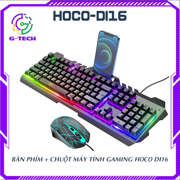 Bộ bàn phím cơ chuột máy tính Gaming HOCO DI16 chính hãng đèn led đổi màu có khay để điện thoại bảo hành 12 tháng