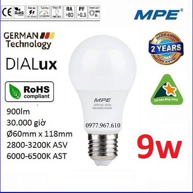 Bóng đèn Led MPE 9W siêu sáng siêu bền, siêu tiết kiệm.