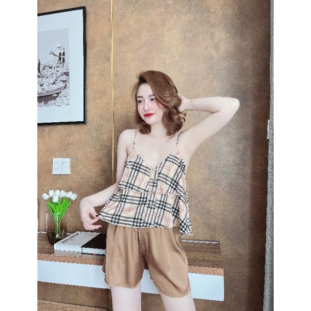 Bộ lụa Latin dây đùi, phối quần trơn, hoạ tiết siêu xinh xắn