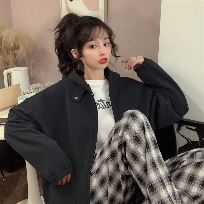 Áo hoodie dài tay màu trơn phối khóa kéo thời trang mùa thu năng động