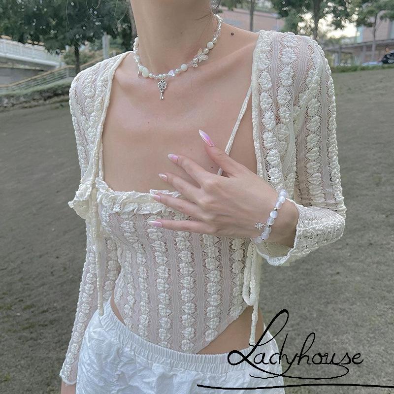 Bộ Áo Croptop Tay Dài Thắt Nơ + Áo Hai Dây Cổ Vuông Màu Trơn Thời Trang Xuân Hè Cho Nữ