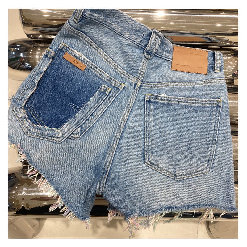 Quần Short Denim Dáng Chữ A Ống Rộng Lưng Cao Phối Màu Sắc Tương Phản 2022