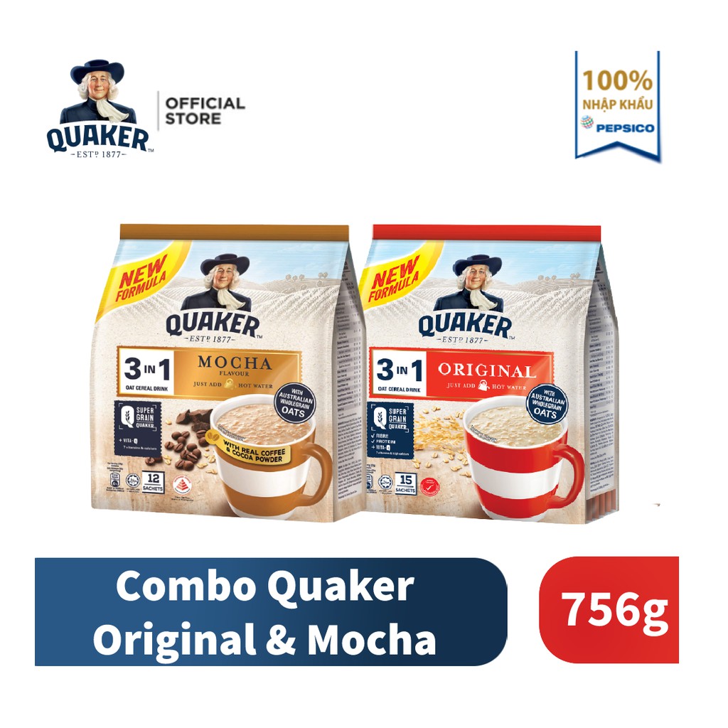 Combo 2 Túi Thức uống yến mạch Quaker 3in1 Vị Mocha &amp; Truyền thống