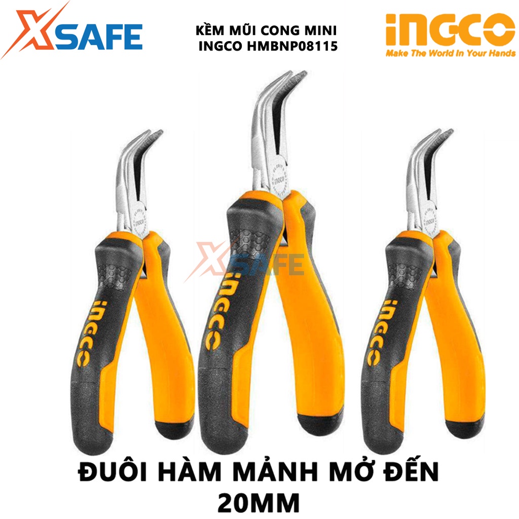 Kìm mũi cong mini INGCO HMBNP08115 Kềm mỏ cong đầu kềm chống gỉ được đánh bóng, tay cầm hai màu - XSAFE