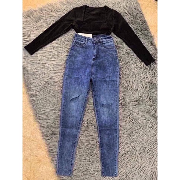 Quần Jean Nữ Skinny Xanh Nhạt/Xanh Trung Rách Xéo Đùi Ngang Tua Lai Co Giãn Mạnh Cạp Siêu Cao
