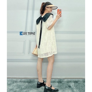 Đầm suông ren kem phối cổ đen