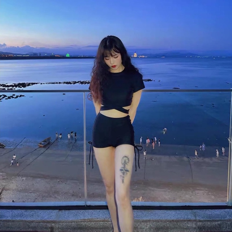 [ĐỒ BƠI 2 MẢNH] Bikini nữ 2 mảnh áo tay ngắn cột nơ bụng mix quần short dây rút kín đáo (kèm hình chụp thật)