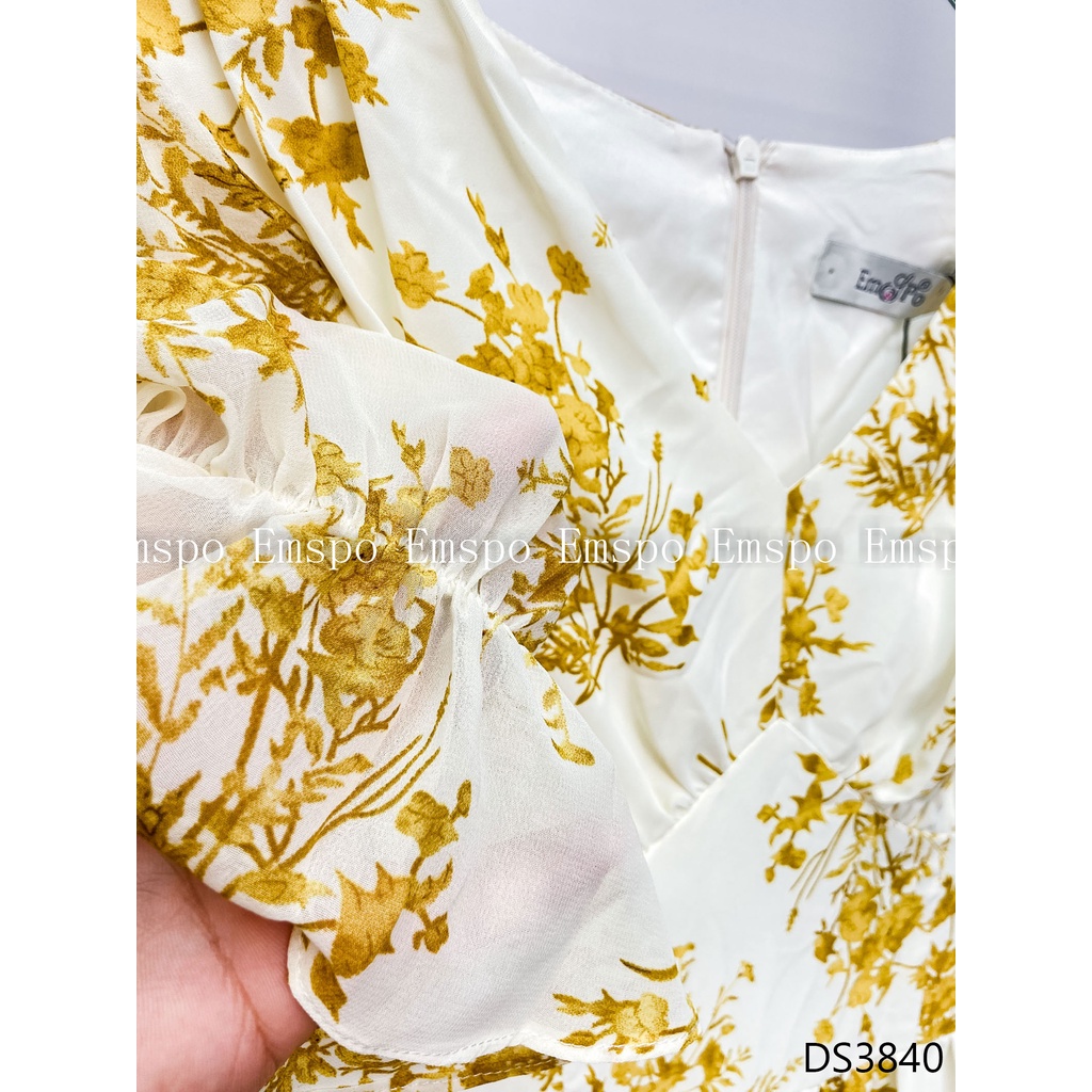 Đầm hoa dáng xòe, cổ tim, chun tay bồng Emspo DS3840