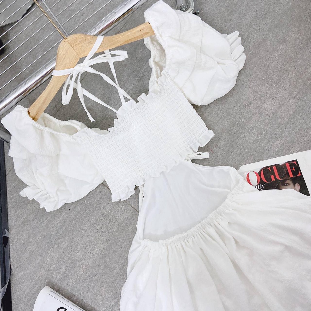 Đầm maxi xanh cutout lưng tay tiên viền bèo màu trắng/xanh lá/xanh dương NÀNG CLOSET