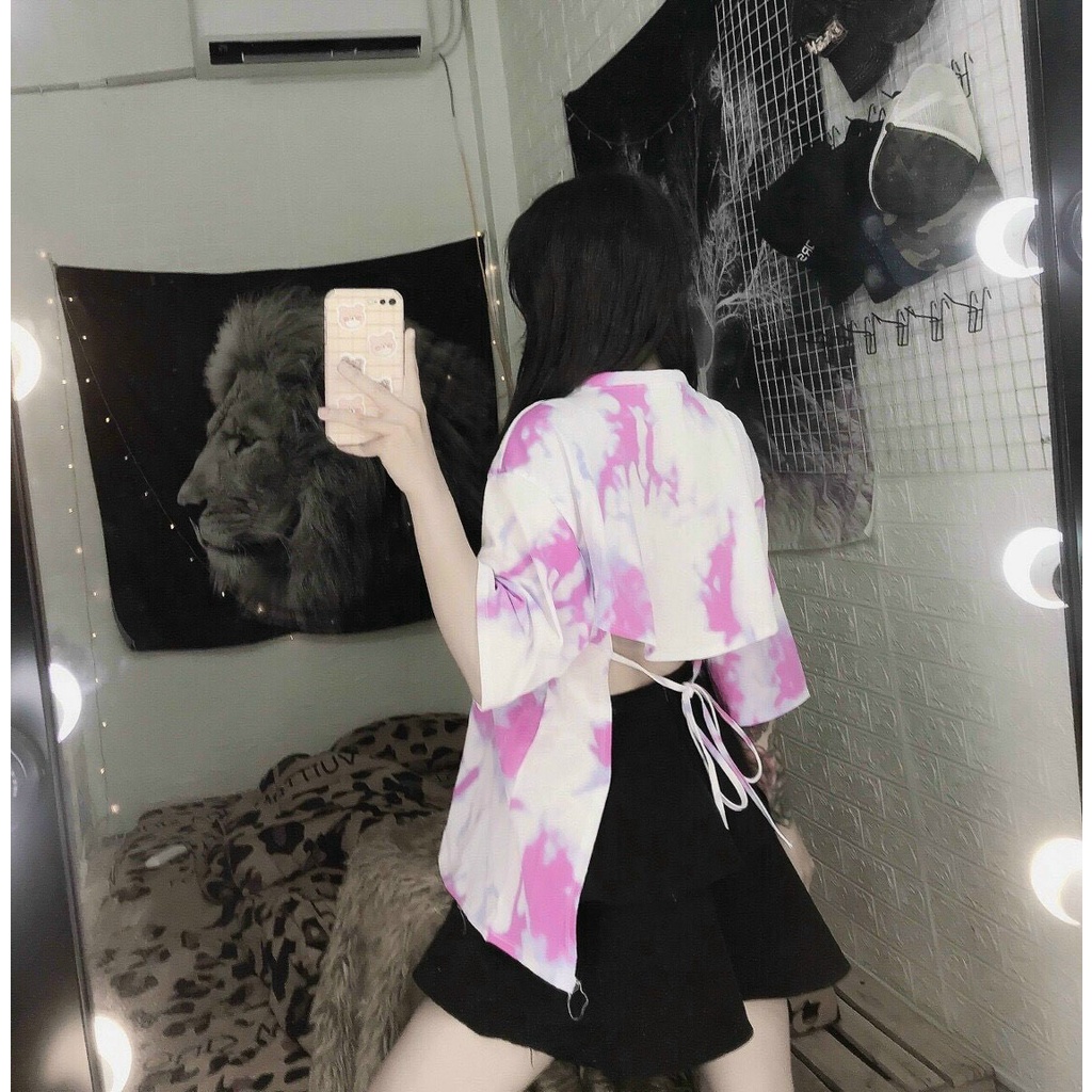Áo thun nữ form rộng tay lỡ in màu loang xẻ cột lưng siêu sành điệu - AT3335