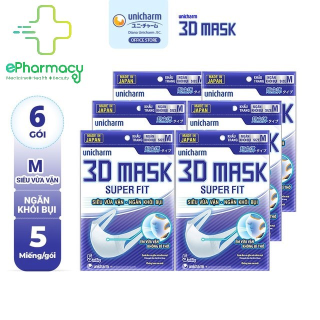 COMBO 6 gói Khẩu trang 3D Mask ngăn khói bụi - Unicharm 3D Mask SUPER FIT 5 cái/gói