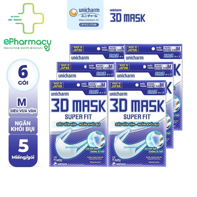 Bộ 6 gói Khẩu trang 3D Mask ngăn khói bụi - Unicharm 3D Mask Super Fit 5 cái/gói