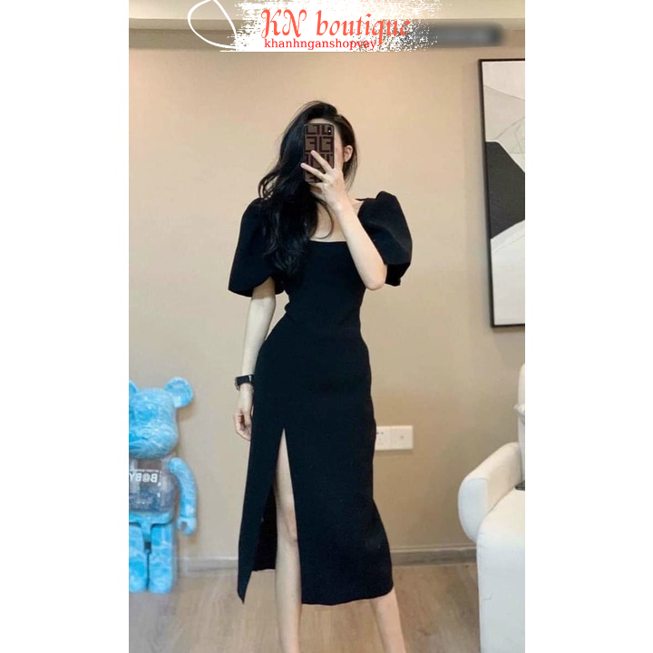 Váy dự tiệc đen xẻ tà sexy đầm đẹp đi tiệc cưới tay bồng dáng quyến rũ K N Boutique
