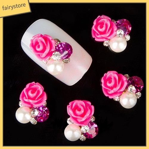 FS_10 Pcs 3D Rose Flower Nail Art Stickers Tips Studs Rhinestone Nail Decor Jewelry